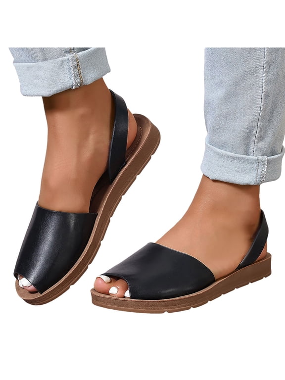 Flat Sandals for Women Leather Peep Toe Slides Back Strap Summer Beach Footbed Walking Shoes