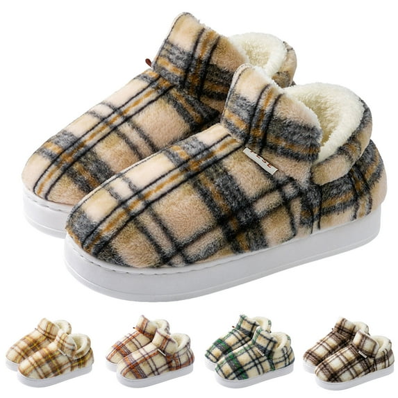 Dakaela Fleece Plaid Slippers for Women Men Memory Foam Fuzzy House Slides Indoor Outdoor Walking Shoes