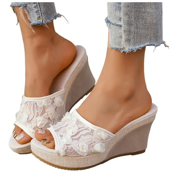 Dakaela Floral Lace Sandals for Women Dressy Espadrille Platform Slides Casual Cork Wedges Heels Wide Width Dress Walking Shoes (8,White)