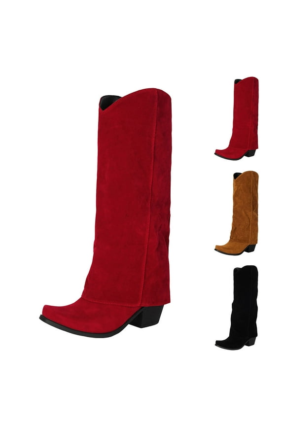 Fold Over Boots for Women Knee High Cowboy Cowgirl Boot Western Wide Calf Pull on Tall Boots Black 8