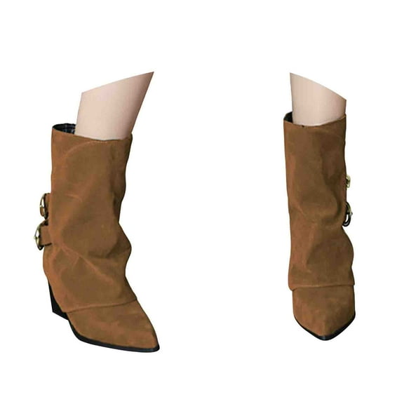 Dakaela Fold Over Mid Calf Boots for Women Wedge Western Ankle Booties Suede Chunky Heel Dress Shoes Brown 5.5