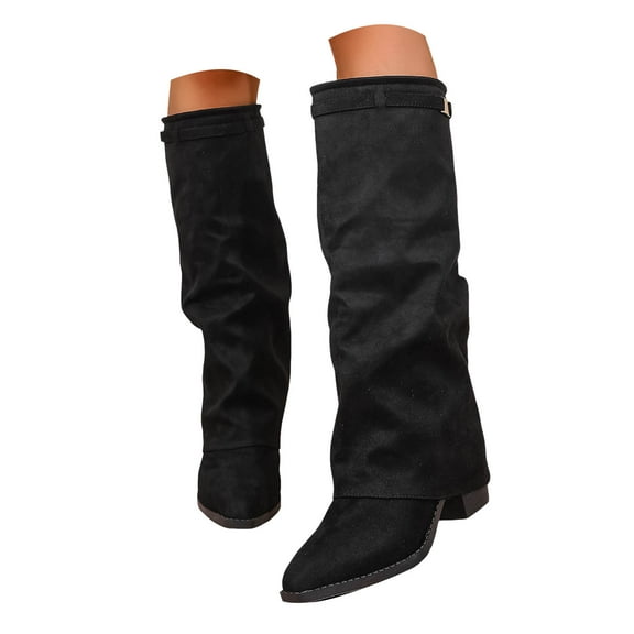 Dakaela Fold over Boots Women's Knee High Boot Suede Pointed Toe Chunky Heel Riding Dress Booties