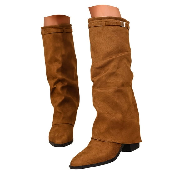 Dakaela Fold over Boots Women's Knee High Boot Suede Pointed Toe Chunky Heel Riding Dress Booties