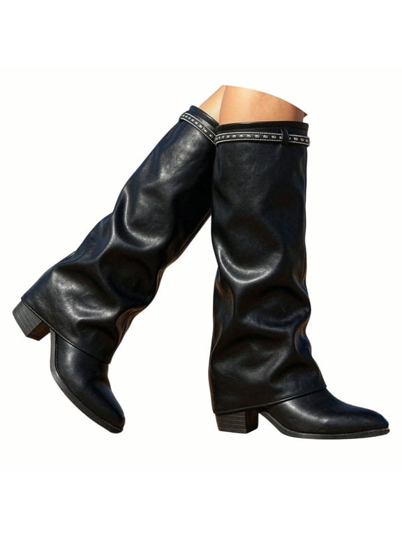 Fold over Shark Boots Womens Pointy Toe Slouchy Knee High Boot Ladies Chunky Heeled Dress Boots Size 6-9.5