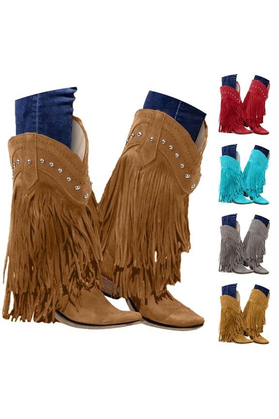 Fringe Cowboy Boots for Women Embroidered Tassal Western Cowgirl Boot Knee High Pull on Boots