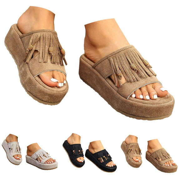 Dakaela Fringe Platform Sandals Women Dressy Wedge Heels Summer Boho Shoes Slip on Open Toe Slides Tassels Beach Slippers Size 7