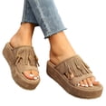 thumbnail image 1 of Dakaela Fringe Platform Sandals Women Dressy Wedge Heels Summer Boho Shoes Slip on Open Toe Slides Tassels Beach Slippers Size 7, 1 of 8