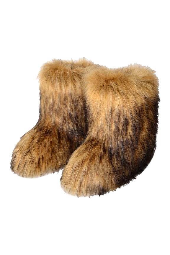 Furry Boots for Women Fluffy Platform Flat Ankle Snow Mini Booties 2025 Winter Mid Calf Outdoor Walking Shoes Brown 11