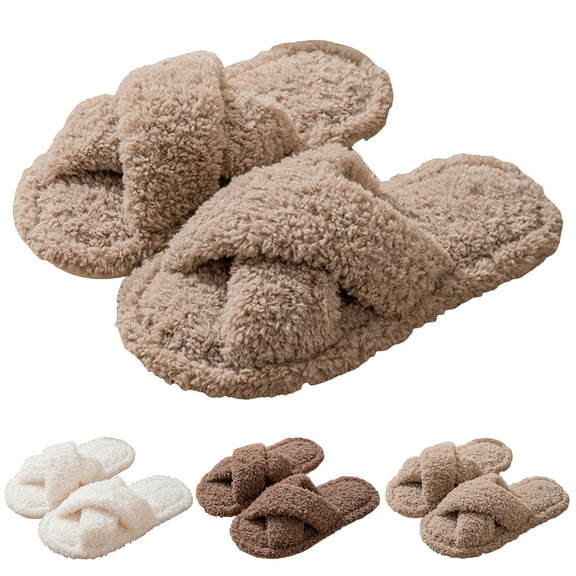 Dakaela Fuzzy House Slippers for Women Cross Band Open Toe Home Slides Memory Foam Bedroom Slip on Shoes