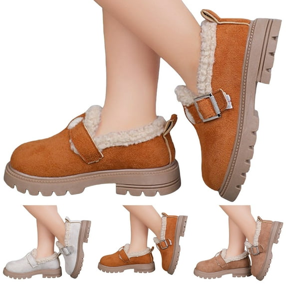 Dakaela Girl's Loafers Slip on Round Toe Chunky Platform Oxford Fleece Lined Winter School Uniform Dress Shoes for Toddler Little Big Kid Brown 9.5