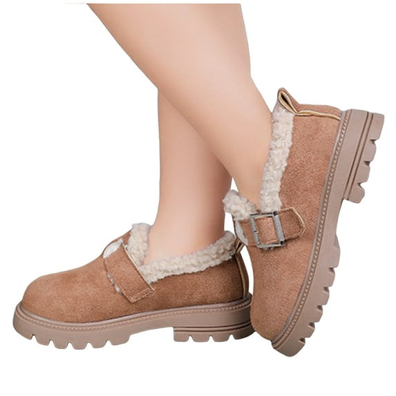 Dakaela Girl's Loafers Slip on Round Toe Chunky Platform Oxford Fleece Lined Winter School Uniform Dress Shoes for Toddler Little Big Kid Khaki 10.5