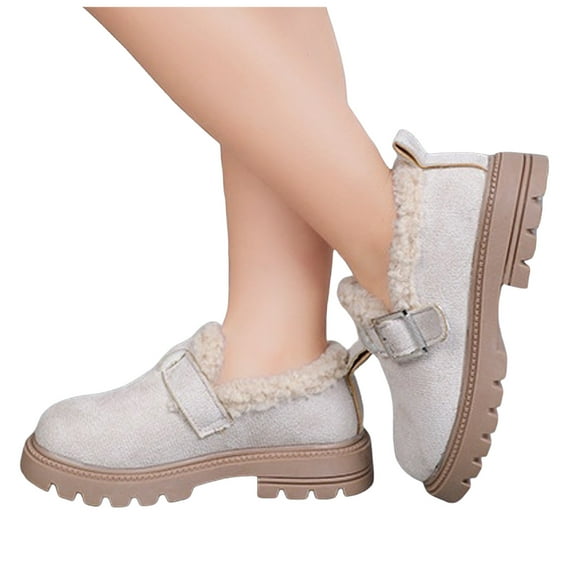 Dakaela Girl's Loafers Slip on Round Toe Chunky Platform Oxford Fleece Lined Winter School Uniform Dress Shoes for Toddler Little Big Kid White 3