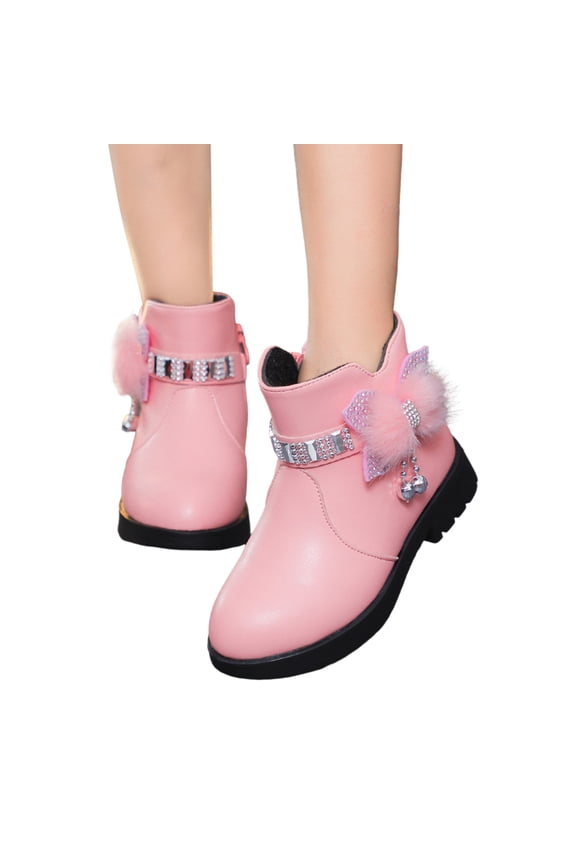 Girls Ankle Boots Kids Bow Knot Chelsea Dress Booties Leather Low Heel Fashion Fall Shoes with Side Zipper Pink 9.5