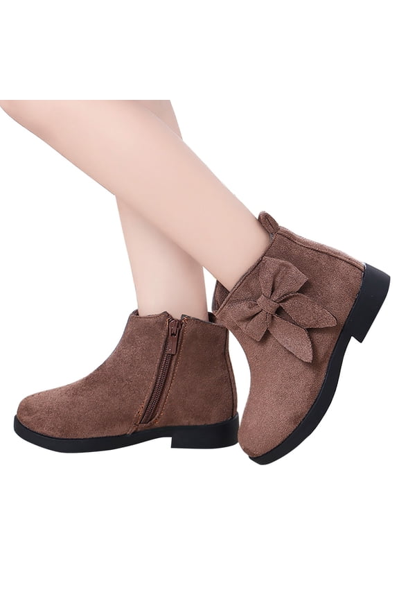 Girls Ankle Boots Kids Bow Side Zipper Ankle Booties Suede Low Heel Outdoor Chelsea Dress Shoes Brown 13.5