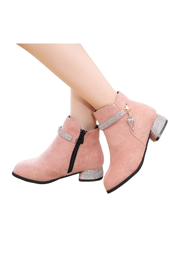 Girls Boots Kids Side Zipper Ankle Short Dress Booties Suede Winter Anti Slip Outdoor Shoes for Wedding Party Pink 11.5