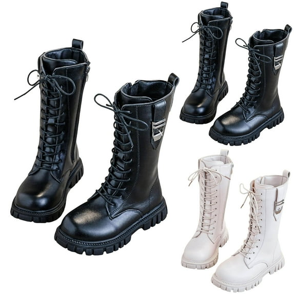 Dakaela Girls Boots Toddler Lace up Knee High Mid Calf Combat Boot Kids Side Zipper Punk Goth Fall Winter Riding Shoes Black 1