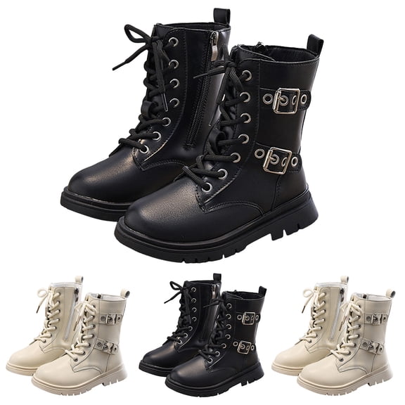 Dakaela Girls Combat Boots Kids Buckles Side Zipper Punk Goth Ankle Booties Toddler Mid Calf Motorcycle Riding Boots Beige Size 10.5