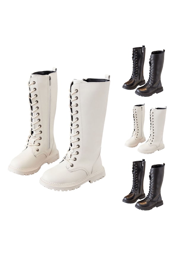 Girls Combat Boots Kids Lace up Western Knee High Boot Leather Side Zipper Punk Goth Cowboy Cowgirl Booties Beige 10.5