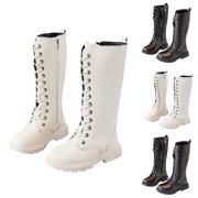Dakaela Girls Combat Boots Kids Lace up Western Knee High Boot Leather Side Zipper Punk Goth Cowboy Cowgirl Booties Beige 3