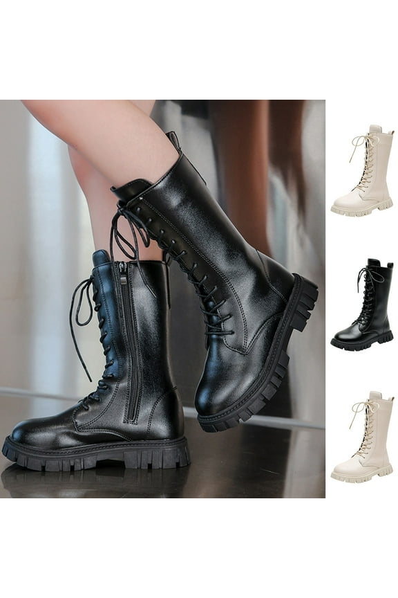 Girls Combat Riding Boots Kids Leather Lace up Mid Calf Booties Party Winter Dress Shoes 4-12Y