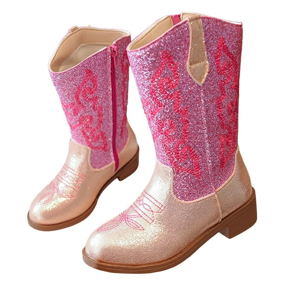 Dakaela Girls Cowgirl Boots Unisex Child Kids Glitter Cowboy Mid Calf Booties Sparkly Toddler Embroidery Western Riding Shoes Gold 12.5