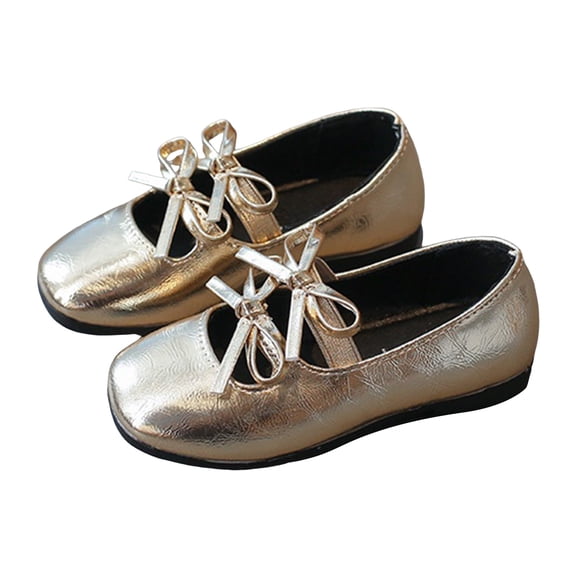 Dakaela Girls Dress Shoes Square Toe Bowknot Ballet Flats 3T 4T 5T Leather Ballerina Dance Mary Jane for Wedding Party Prom Gold Size 6