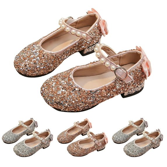 Dakaela Girls Dress Shoes Toddler Glitter Princess Mary Jane 3T 4T 5T Little Big Kid Low Heel Pearl Strap Wedding Prom Footwear Pink Size 8