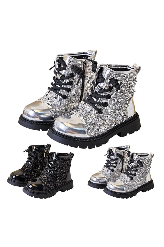 Girls Glitter Ankle Boots Lace up Waterproof Combat Shoes Sequin Side Zipper Fall Winter Dress Booties Black 8.5