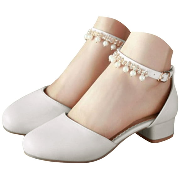 Dakaela Girls Heels Dress Shoes Kids Closed Toe Wedding Party School Pumps Pearl Ankle Strap Chunky Heel Sandals White Size 2.5