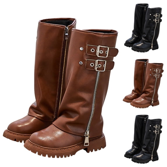 Dakaela Girls Knee High Boots Buckles Fold Over Kids Long Boots Wide Calf Side Zipper Riding Booties for Wedding Party Black Size 12.5