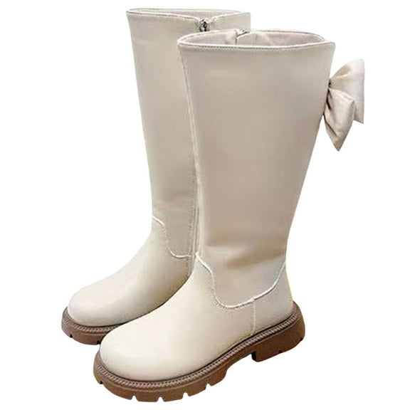 Dakaela Girls Knee High Boots Fashion Bowknot Wide Calf Tall Riding Boots Side Zipper Winter Outdoor Shoes for Toddler Little Kid White