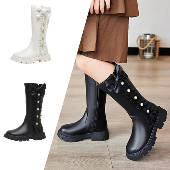 Dakaela Girls Knee High Boots Fashion Pearl Bowknot Princess Long Boots Side Zipper Fall Winter Trendy Riding Shoes Black 11