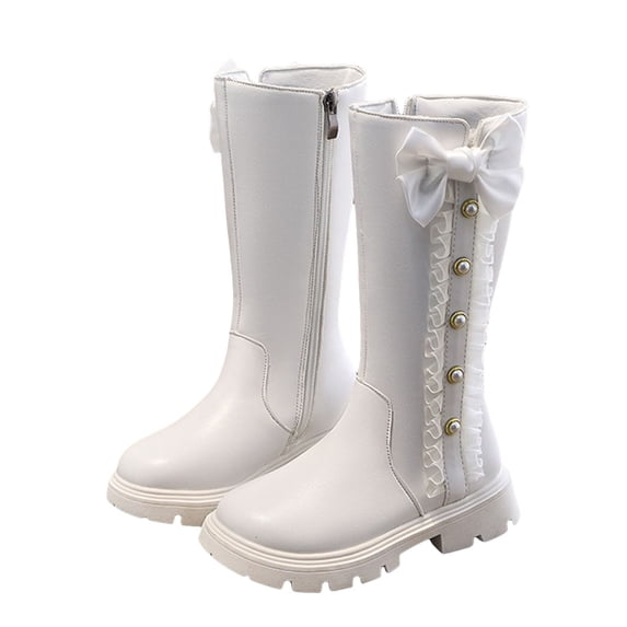 Dakaela Girls Knee High Boots Fashion Pearl Bowknot Princess Long Boots Side Zipper Fall Winter Trendy Riding Shoes White 3.5