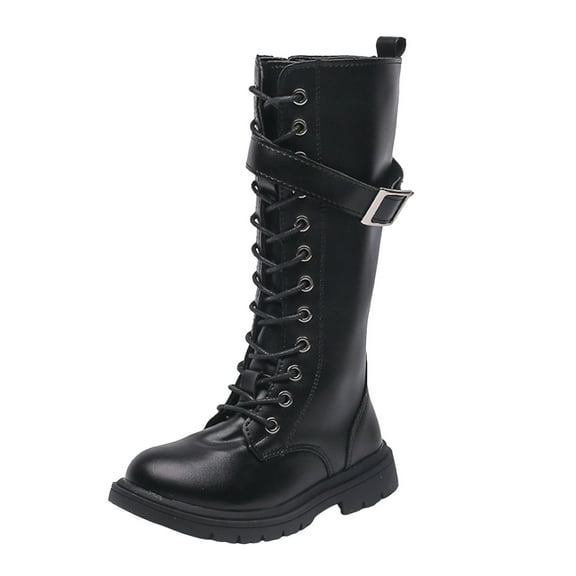 Dakaela Girls Knee High Boots Leather Lace up Platform Combat Boots Winter Dress Gothic Motorcycle Riding Tall Boots Black