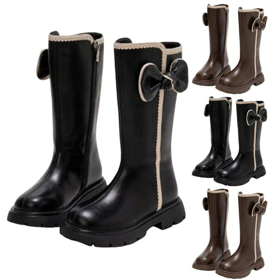 Dakaela Girls Knee High Boots Waterproof Cute Bow Winter Riding Boots Non Slip Side Zipper Dressy Outdoor Shoes for Little Big Kid Black 10.5