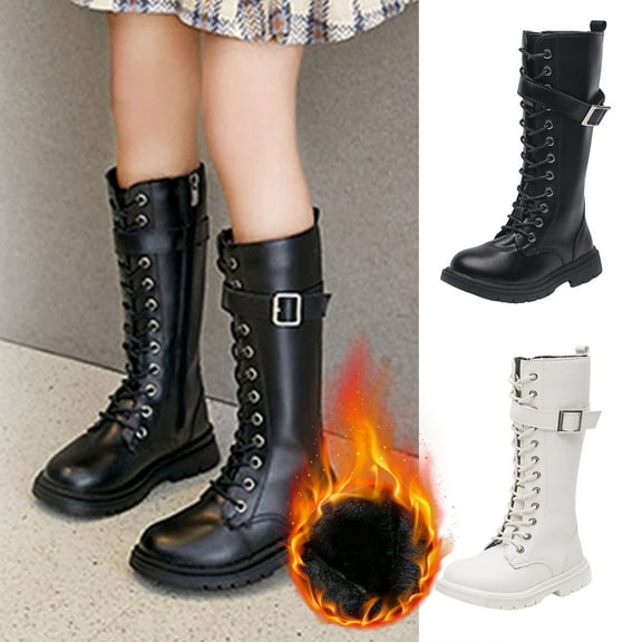 Dakaela Girls Knee High Boots Winter Lace up Combat Boots with Side Zipper Mid Calf Motorcycle Riding Shoes for Little Big Kid Beige 10