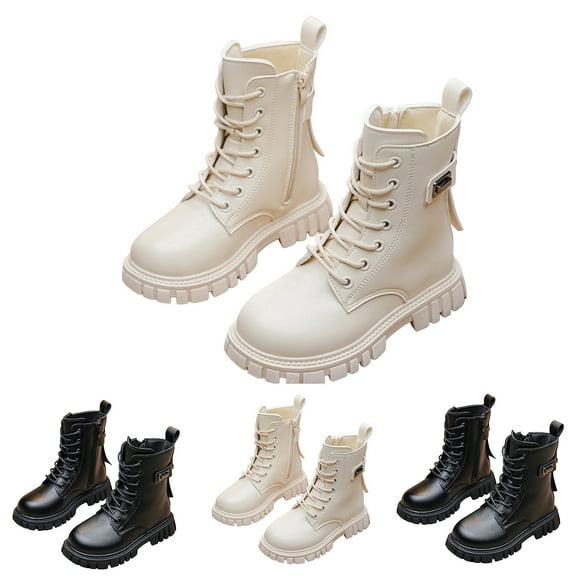 Dakaela Girls Lace up Ankle Boots Fashion Leather Combat Riding Booties Waterproof Side Zipper Punk Goth Dress Shoes Black 9