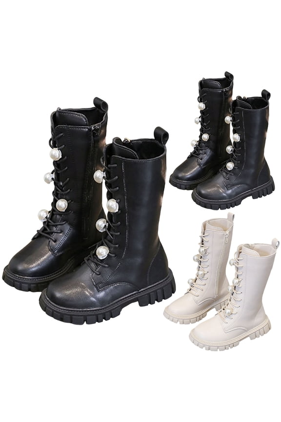 Girls Lace up Riding Boots Mid Calf Combat Knee High Boots Fashion Leather Side Zipper Punk Goth Cowboy Shoes for Little Big Kid Black 10