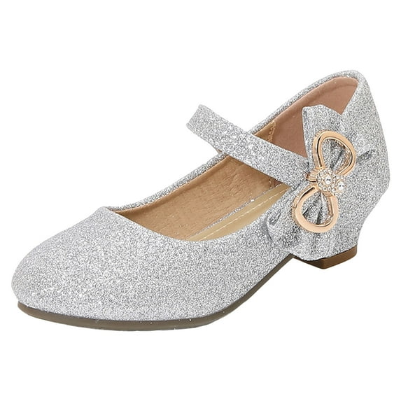Dakaela Girls Mary Jane Low Heel Glitter Princess Dress Shoes Rhinestones Flower Wedding Party Kids Pumps