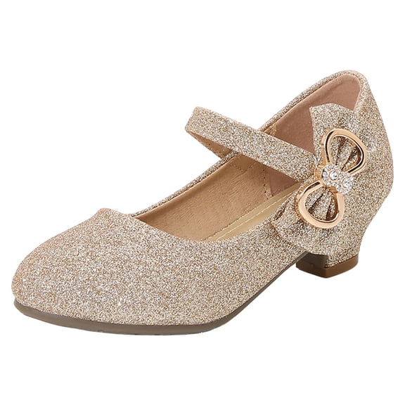 Dakaela Girls Mary Jane Low Heel Glitter Princess Dress Shoes Rhinestones Flower Wedding Party Kids Pumps