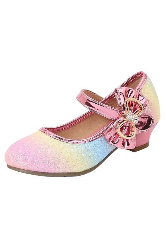 Girls Mary Jane Low Heel Glitter Princess Dress Shoes Rhinestones Flower Wedding Party Kids Pumps