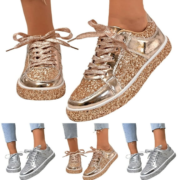 Dakaela Glitter Fashion Sneakers for Women Rhinestone Platform Shiny Walking Shoes Non Slip Lace up Flats
