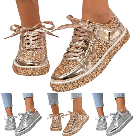 Dakaela Glitter Fashion Sneakers for Women Rhinestone Platform Shiny Walking Shoes Non Slip Lace up Flats