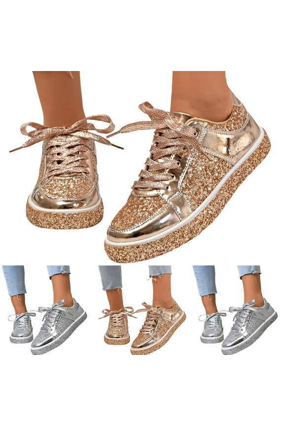 Glitter Fashion Sneakers for Women Rhinestone Platform Shiny Walking Shoes Non Slip Lace up Flats