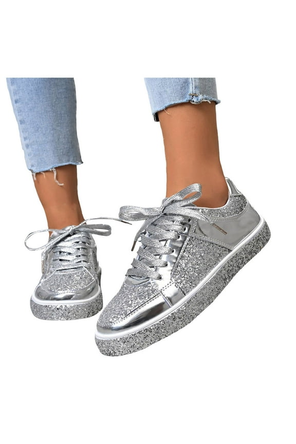 Glitter Fashion Sneakers for Women Rhinestone Platform Shiny Walking Shoes Non Slip Lace up Flats
