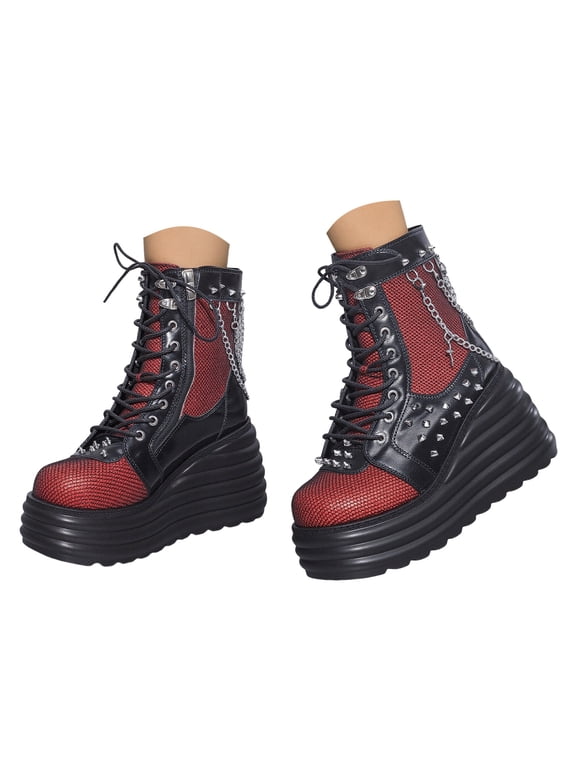 Goth Platform Ankle Boots for Women Lace up Chunky Wedge Combat Booties High Heel Punk Shoes