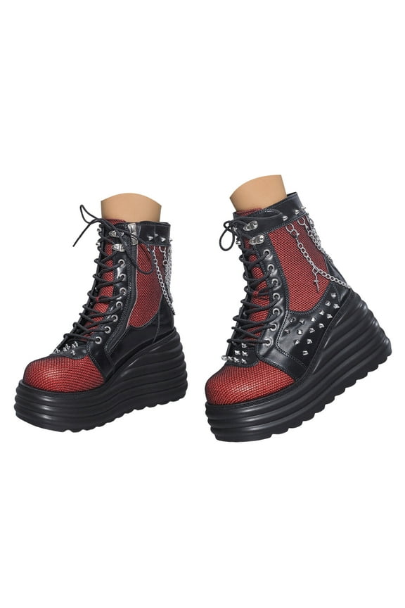 Goth Platform Ankle Boots for Women Lace up Chunky Wedge Combat Booties High Heel Punk Shoes