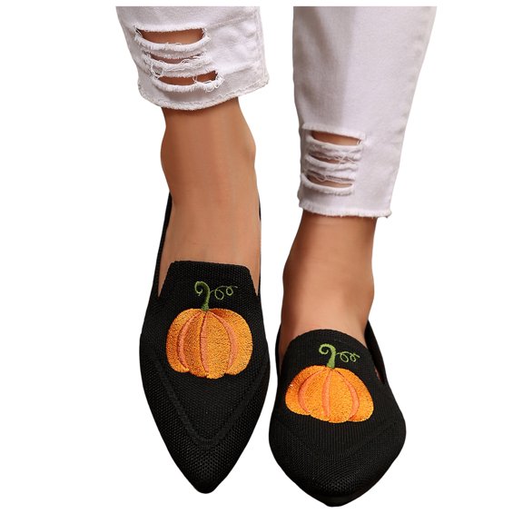 Dakaela Halloween Ballet Flats Shoes for Women Pointed Toe Knit Slip on Loafers Business Driving Walking Work Shoes Orange 6.5