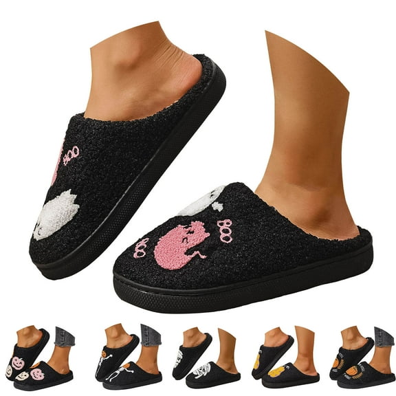 Dakaela Halloween Pumpkin Slippers for Womens Mens Cute Plush Fuzzy House Shoes Memory Foam Indoor Outdoor Home Winter Slides