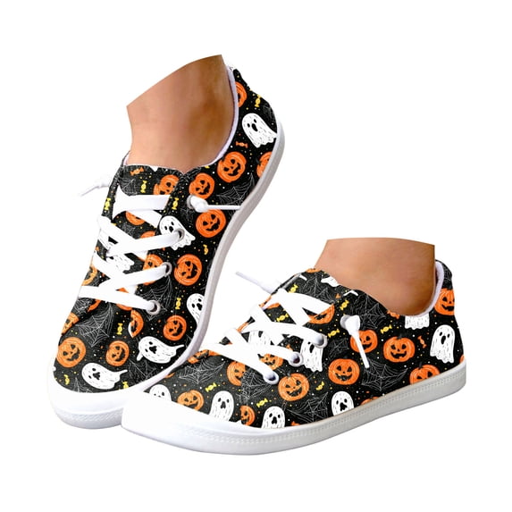 Dakaela Halloween Shoes for Women 2026 Pumpkin Ghost Print Lace Up